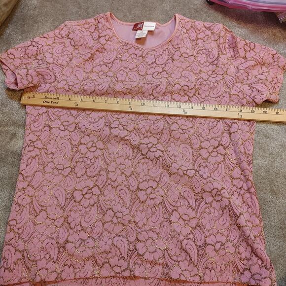 JM Collection Size Small Nylon Pink Floral Flower Textured Short Sleeve Blouse - Picture 5 of 8